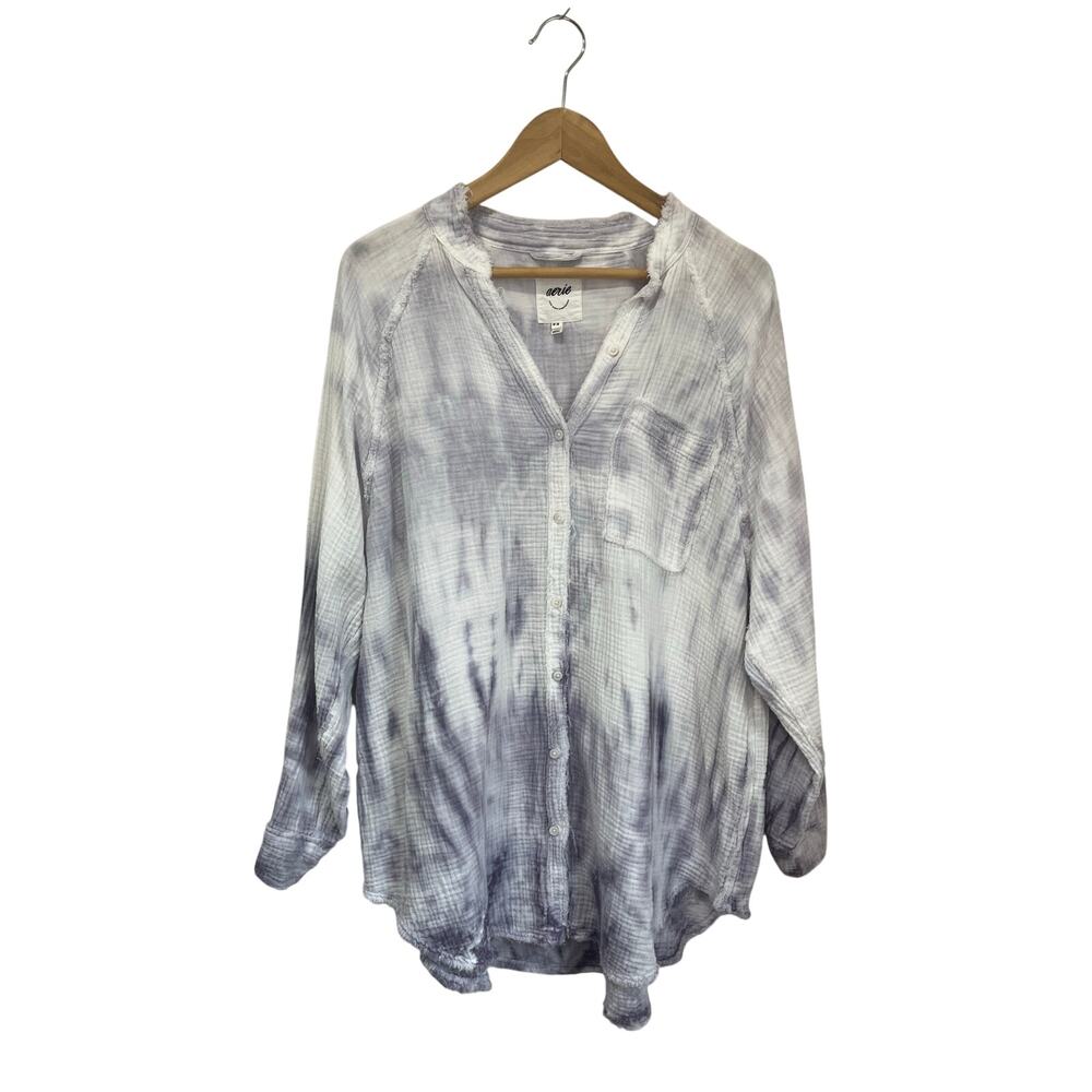 Aerie Blue Gray Tie Dye Button Front‎ Cotton Oversized Shirt Size M